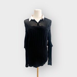 ANNE FONTAINE Black & White Collared Sheer neck & Sleeves Ribbed Top